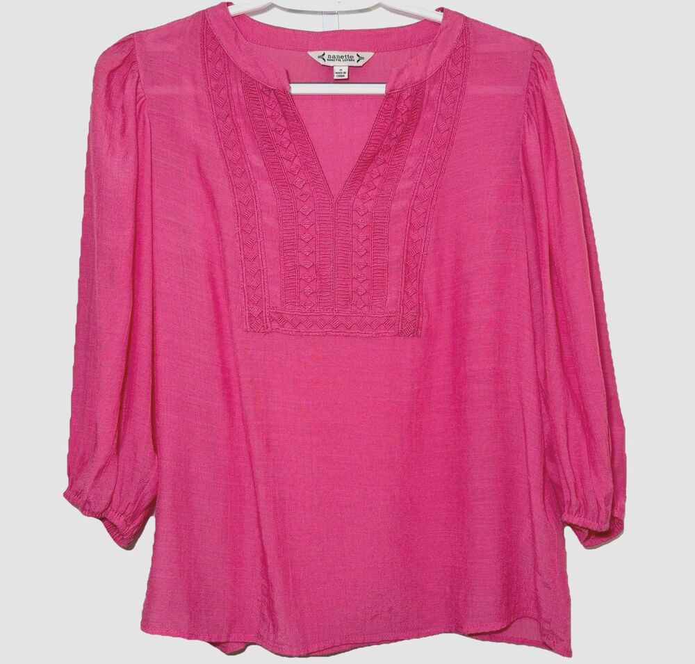 Nanette Lepore Pink Embroidered Boho Peasant Blouse | Size Small Rayon Vibrant